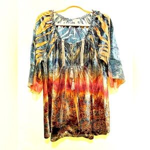 One World Blue and Red Scoop Neck Velvety Top.  Fitted and Flare Tunic. Size 1X.